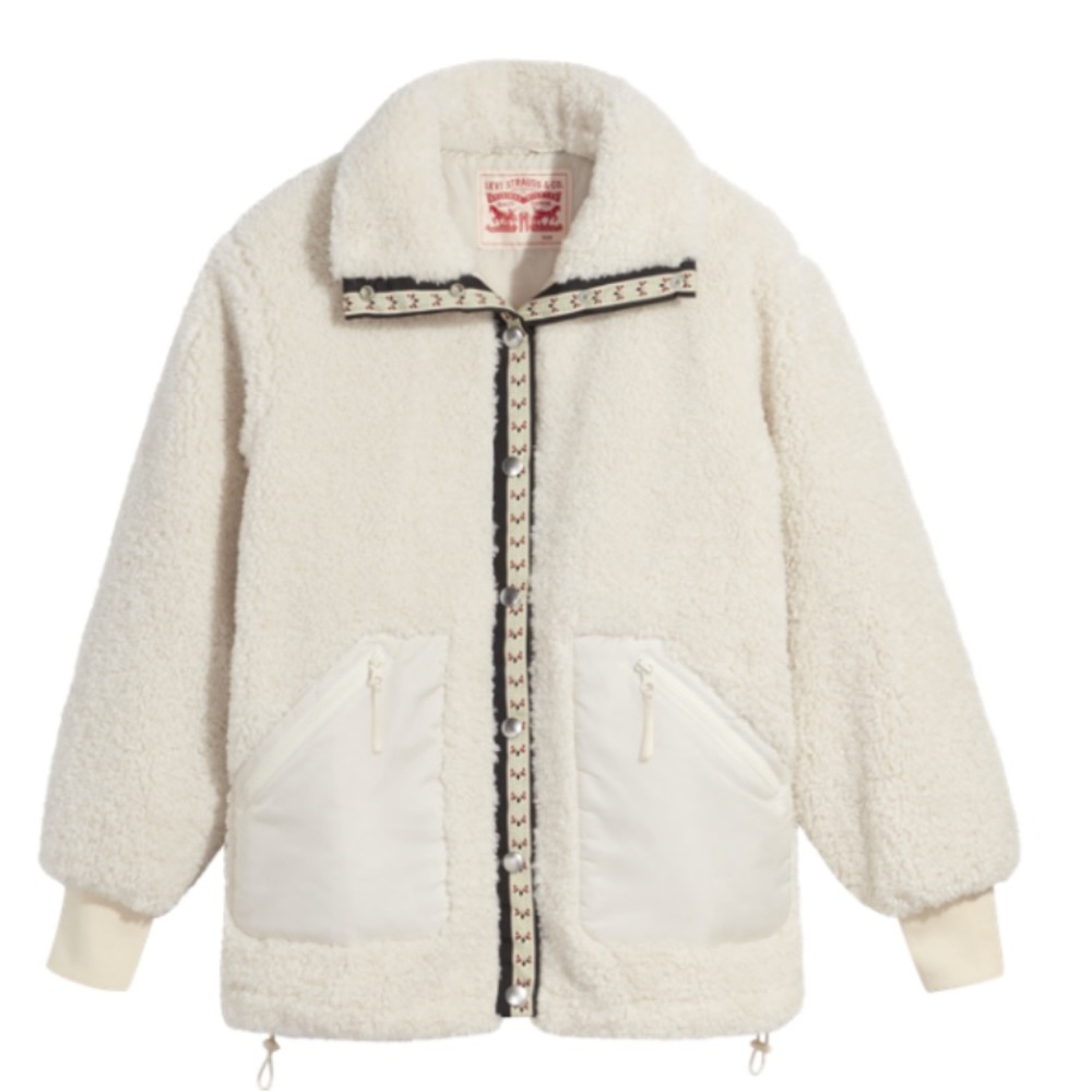 Levi’s Hana Sherpa Jacket in Cream with Festive Trim